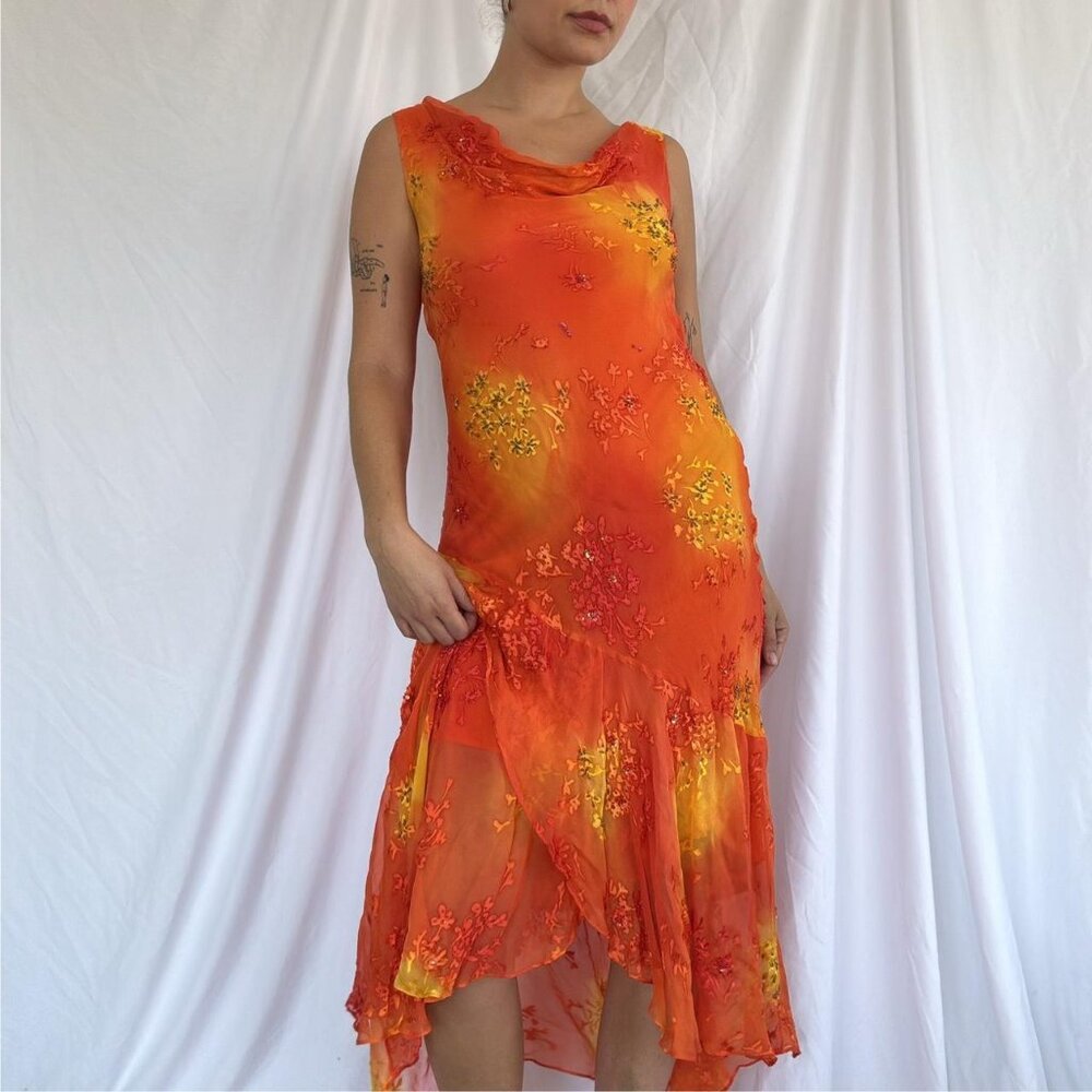 vintage dead stock sue wong orange yellow beaded formal ruffle sunset dress